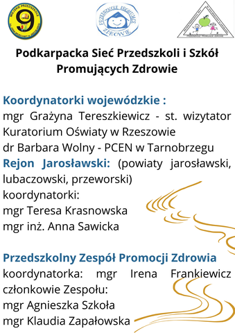 Podkarpacka Sieć Przedszkoli i Szkół Promujących Zdrowie koordynatorki wojewódzkie mgr Grażyna Tereszkiewicz st. wizytator Kuratorium Oświaty w Rzeszowie dr Barbara Wolny PCEN w Tarnobrzegu R